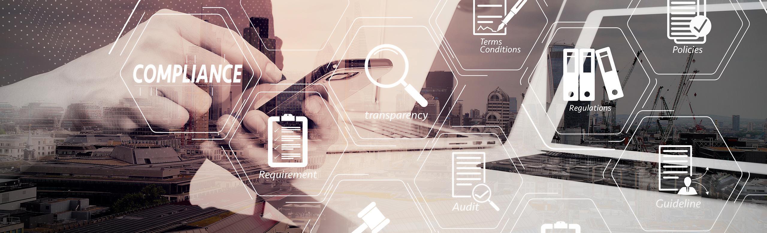 Compliance & transparency – digital regulations, audit, policy, risk management Digital concept image on “Compliance”: Overlay of icons like folders, magnifier, policies, checklists, and words such as “Transparency” and “Audit” on an urban office background with hands holding a tablet.